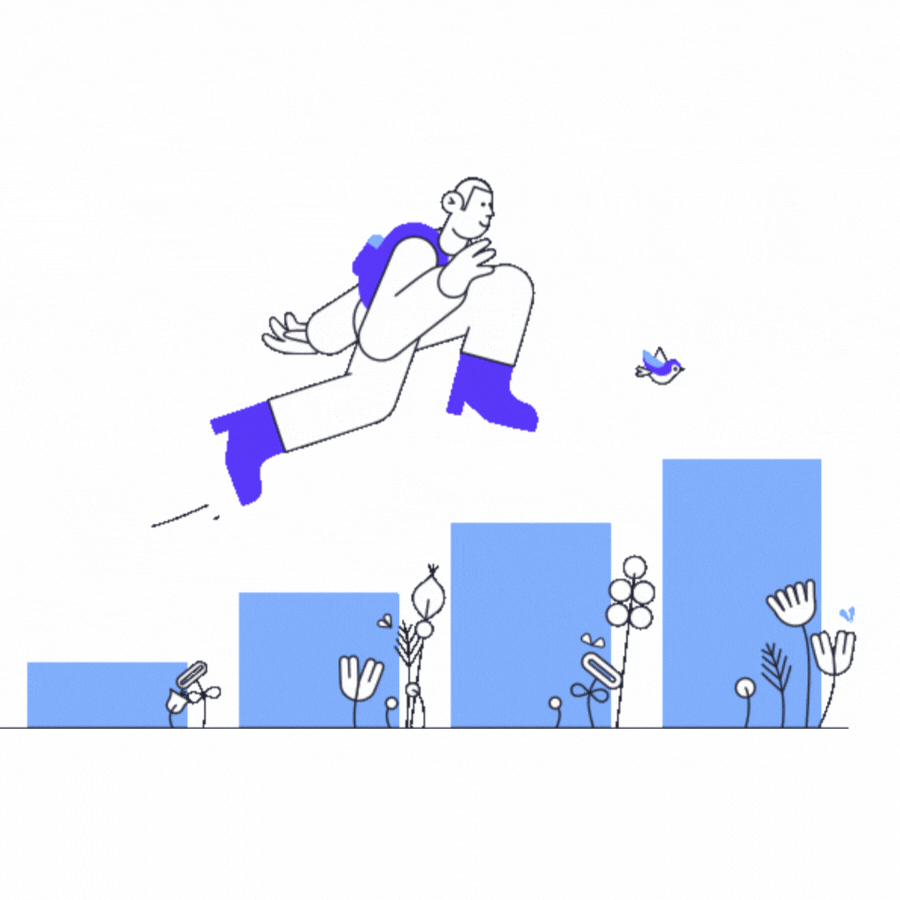 Illustration of a man with a backpack jumping over growing bar graphs and flowers, symbolizing business growth and progress