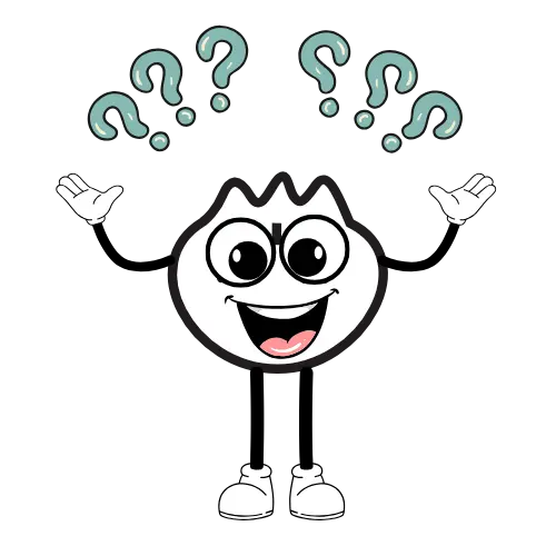 Cute cartoon momo character with glasses and raised hands, surrounded by question marks, representing confusion or curiosity