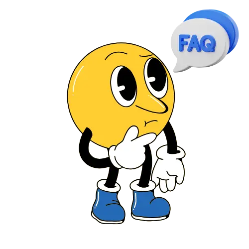 Pondering cartoon character with 'FAQ' speech bubble, symbolizing frequently asked questions and support.